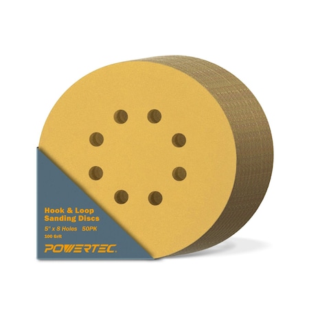 Powertec 5 in. x 8 Holes, 100 Grit, A/O Hook & Loop Sanding Disc, Gold, 50PK 44010G-50